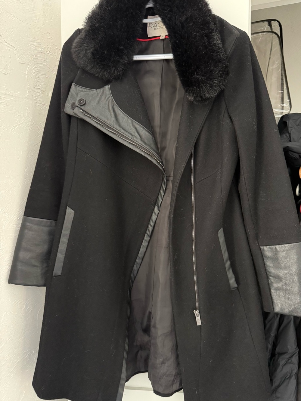 RACHEL Rachel Roy Black Wool-Blend Trench Coat with Faux Fur Collar